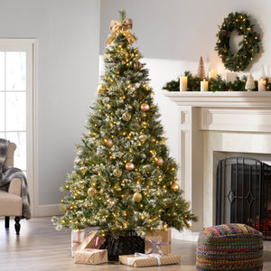 Christopher Knight Home® - Noble House - 7-foot Cashmere Pine and Mixed Needles Pre-Lit Clear LED Hinged Artificial Christmas Tree with Snow and Glitter Branches and Frosted Pinecones