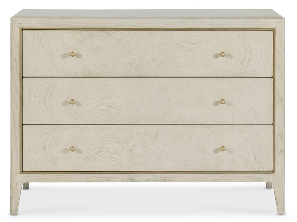 Hooker Furniture Melange Wanderlust Chest Of Drawers In Light Greige Ash Burl With Gold Trim, Tapered Legs & 3 Drawers 628-85742-05