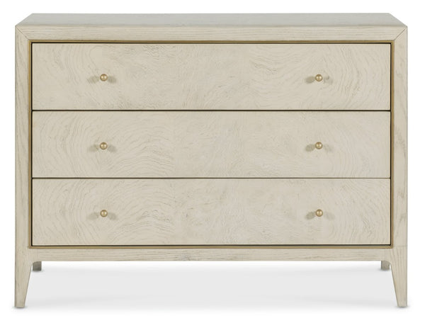 Hooker Furniture Melange Wanderlust Chest Of Drawers In Light Greige Ash Burl With Gold Trim, Tapered Legs & 3 Drawers 628-85742-05