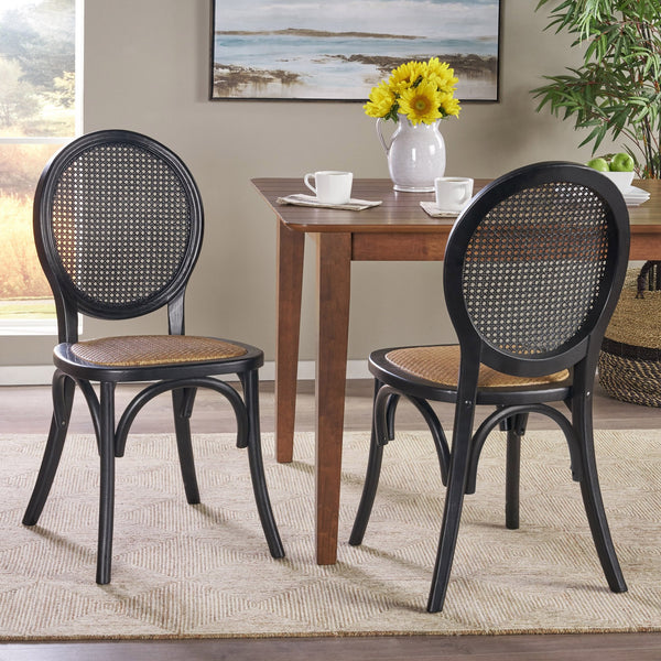 English Elm Dining Chairs Set of 2 Solid Elm Wood with Pressed Cane Mid-century Style 66146.00BLK
