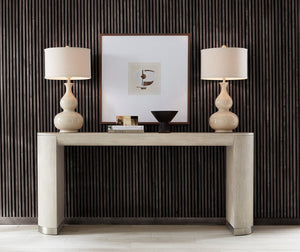 Hooker Furniture Modern Mood Console Table With Rounded Rectangle Silhouette, Oak Veneer, Pewter Accents, Streamlined Style Light Brown 6850-80251-80