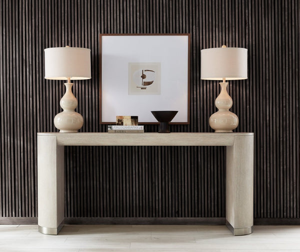 Hooker Furniture Modern Mood Console Table With Rounded Rectangle Silhouette, Oak Veneer, Pewter Accents, Streamlined Style Light Brown 6850-80251-80