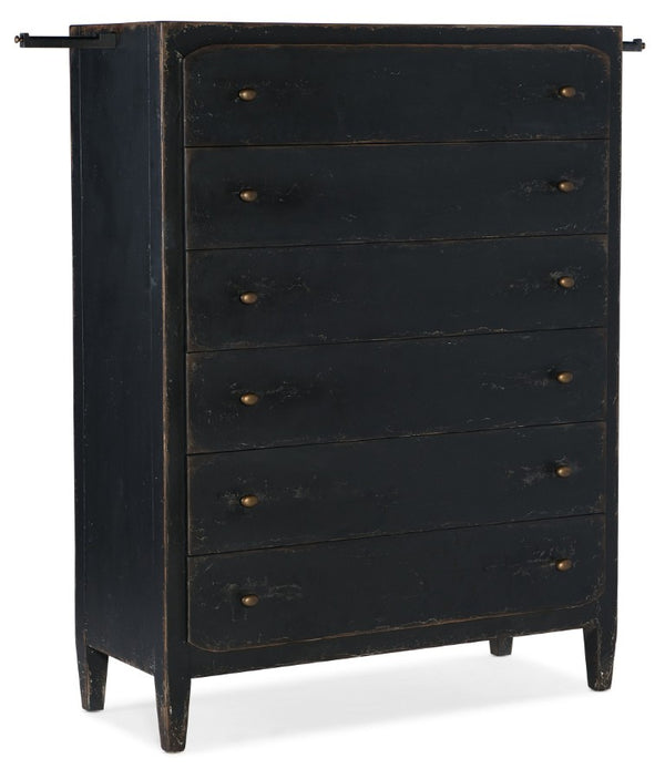 Hooker Furniture Ciao Ciao Bella Six-Drawer Chest Black — Distressed Farmhouse Dresser With Cedar Lined Drawer & Rods 5805-90010-99