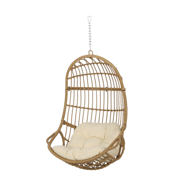 English Elm Christopher Knight Home® - SANSA Outdoor Wicker Hanging Basket Chair with Water‑Resistant Cushions, Iron Frame, Weatherproof Lounge Brown+Beige 70429.00LBGE