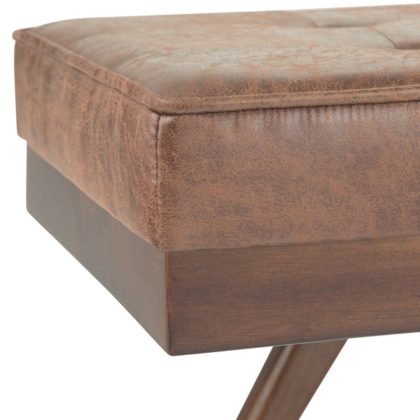 English Elm Pierce Mid Century Ottoman Bench with Distressed Vegan Faux Leather, Tufted Cushion & Solid Wood Base Light Brown B136P159227
