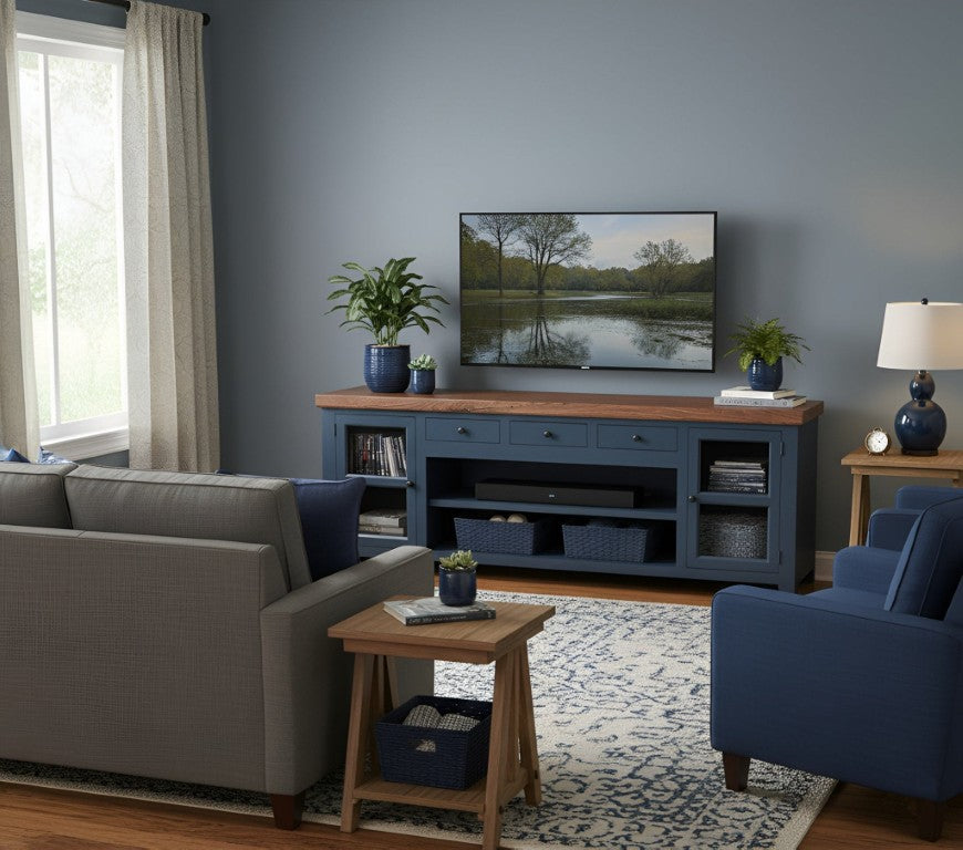 Origins Harbor Midnight Blue TV Console with Walnut Top, 94" Wide Fully Assembled Media Cabinet, Storage SB9500-20