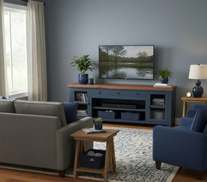 Origins Harbor Midnight Blue TV Console with Walnut Top, 94" Wide Fully Assembled Media Cabinet, Storage SB9500-20