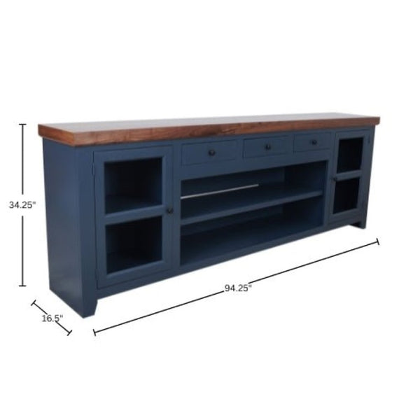 Origins Harbor Midnight Blue TV Console with Walnut Top, 94" Wide Fully Assembled Media Cabinet, Storage SB9500-20