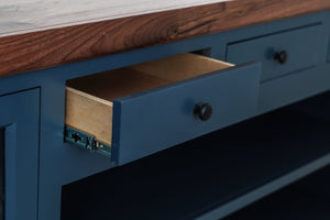 Origins Harbor Midnight Blue TV Console with Walnut Top, 94" Wide Fully Assembled Media Cabinet, Storage SB9500-20