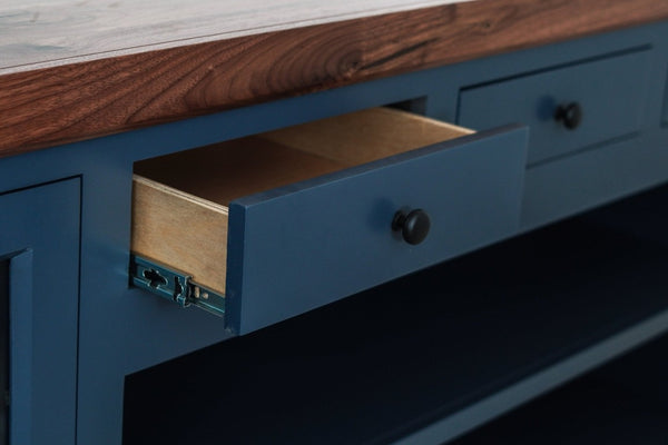 Origins Harbor Midnight Blue TV Console with Walnut Top, 94" Wide Fully Assembled Media Cabinet, Storage SB9500-20