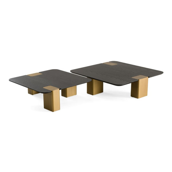 VIG Furniture Harold Black Oak Nesting Coffee Table Set — Modern Square Duo With Brushed Gold Legs, Sturdy 65 Lb Capacity VGHB-467E-SET