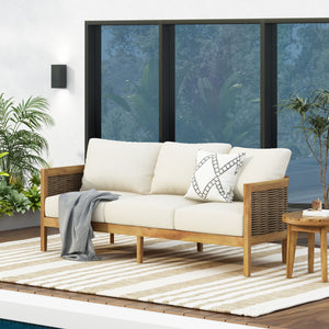 English Elm Christopher Knight Home® - 76.5'' Acacia Wood Round Wicker 3-Seater Outdoor Sofa with Teak Finish, Water-Resistant Beige Cushions 74133.00