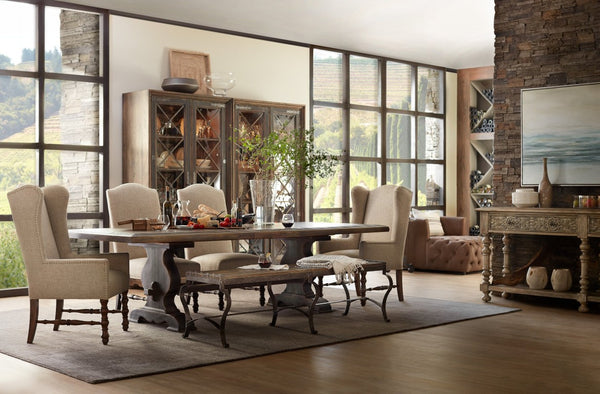 Hooker Furniture Bandera Rustic 86-Inches Trestle Dining Table With 2X18in Leaves, Weathered White Oak Veneer, Seats 10 5960-75200-BRN
