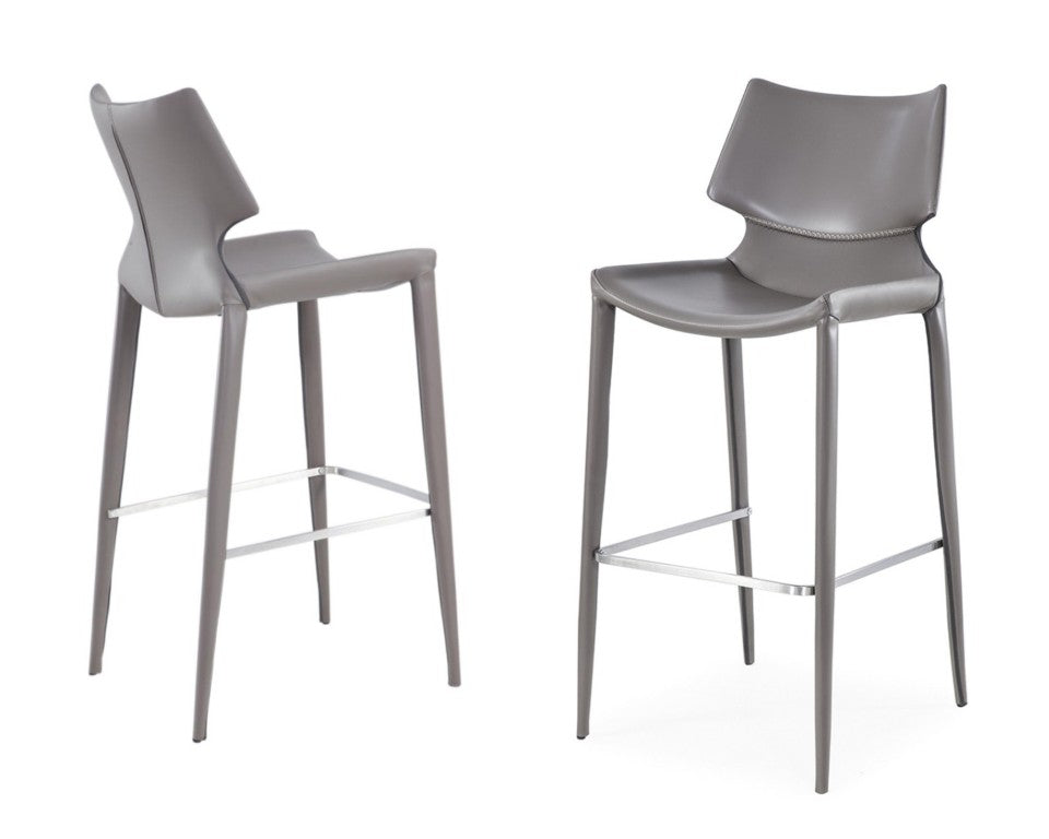 VIG Furniture Hayes Grey Eco-Leather Bar Stools Set Of 2 — Modern Plywood Frame, Iron Legs, Foam Comfort Seats (95) VGHR5408B-GRY