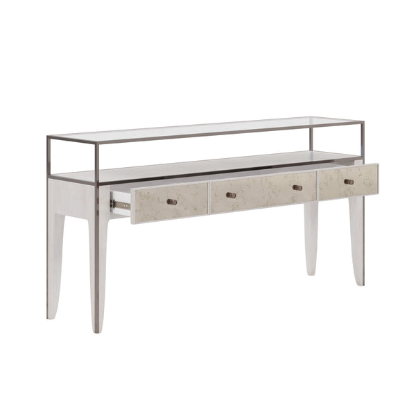 A.R.T. Furniture Mezzanine Console Table In Dove Gray - Antique Mirror Drawers, Glass Top & Stylish Storage Solutions Light Gray Parawood And Poplar Solids,Maple Veneer,Mirror,Glass,Steel 325327-2249