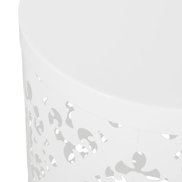 English Elm Outdoor Iron Accent Table Laser Cut Floral Cylinder Design for Patio or Balcony White 73605.00WHI