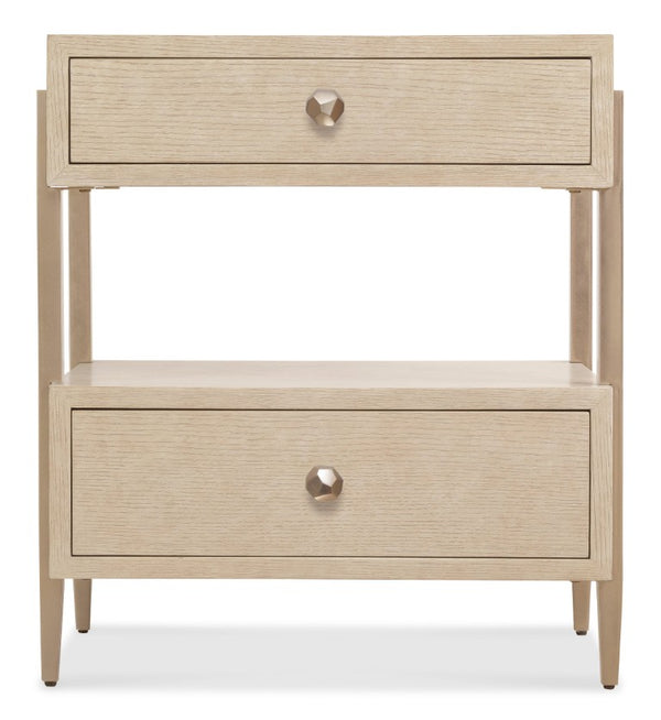 Hooker Furniture Westwood Modern Two-Drawer Nightstand With Open Metal Frame, Oak Veneer Drawers, Polished Limestone Finish 6133-90116-80