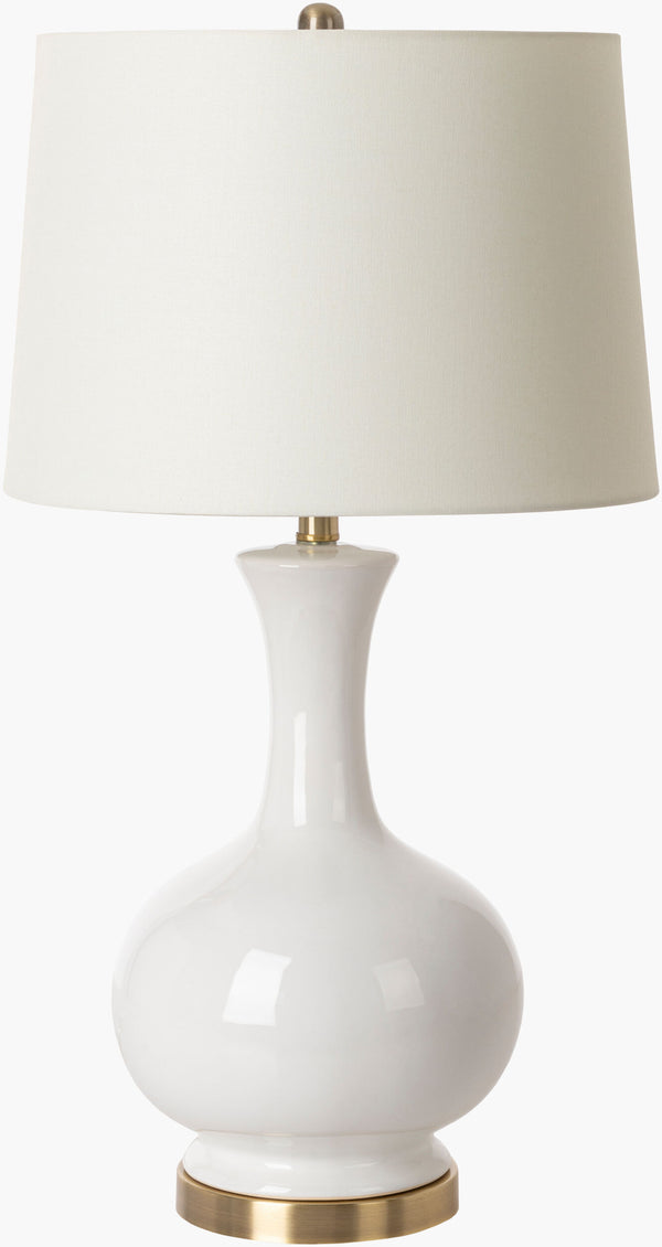 Surya Hepburn Modern Accent Table Lamp - 29" Tall Ivory Linen Shade In Durable Ceramic & Metal Design Body, White,Base, Gold,Shade (Outside), Ivory,Shade (Inside), White,Finial, Metallic ,Brass,Harp, Metallic ,Brass,Cord, Translucent Ceramic,Iron,Linen,Polyester,Iron Hbn-001