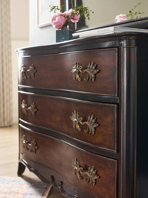 Hooker Furniture Charleston Serpentine Three-Drawer Accent Chest In Two-Tone Black & Maraschino Cherry With Antique Bronze Pulls 6750-85002-00