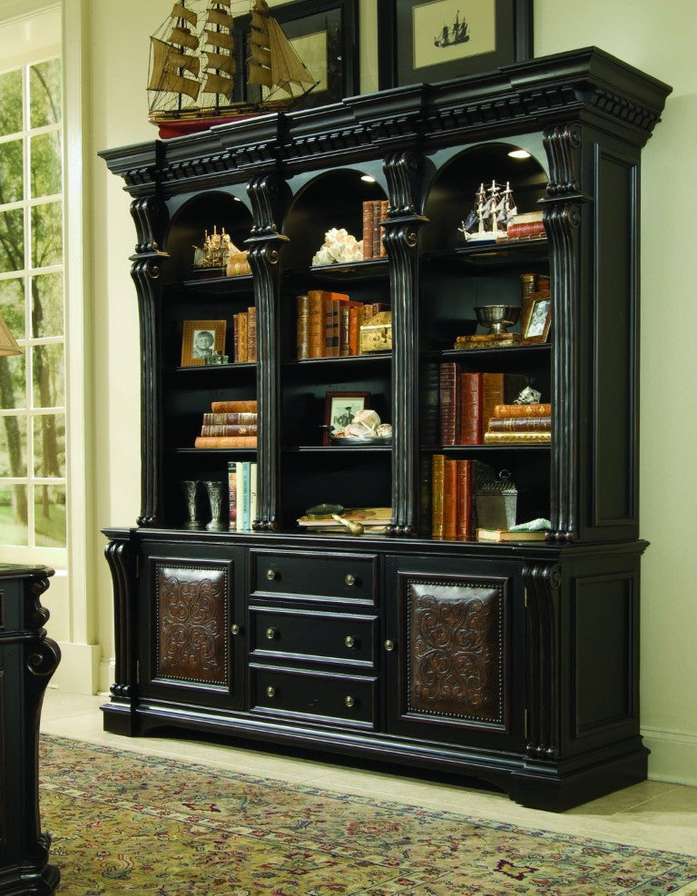 Hooker Furniture Telluride Distressed Black Bookcase Base With Carved Leather Doors, Nailhead Trim & File Drawer 370-10-265