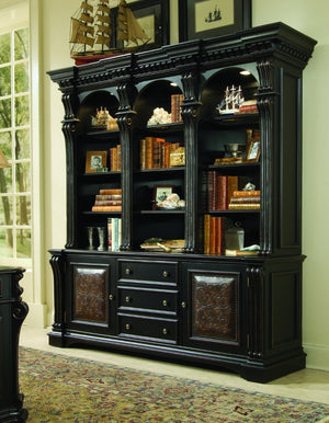 Hooker Furniture Telluride Distressed Black Bookcase Base With Carved Leather Doors, Nailhead Trim & File Drawer 370-10-265