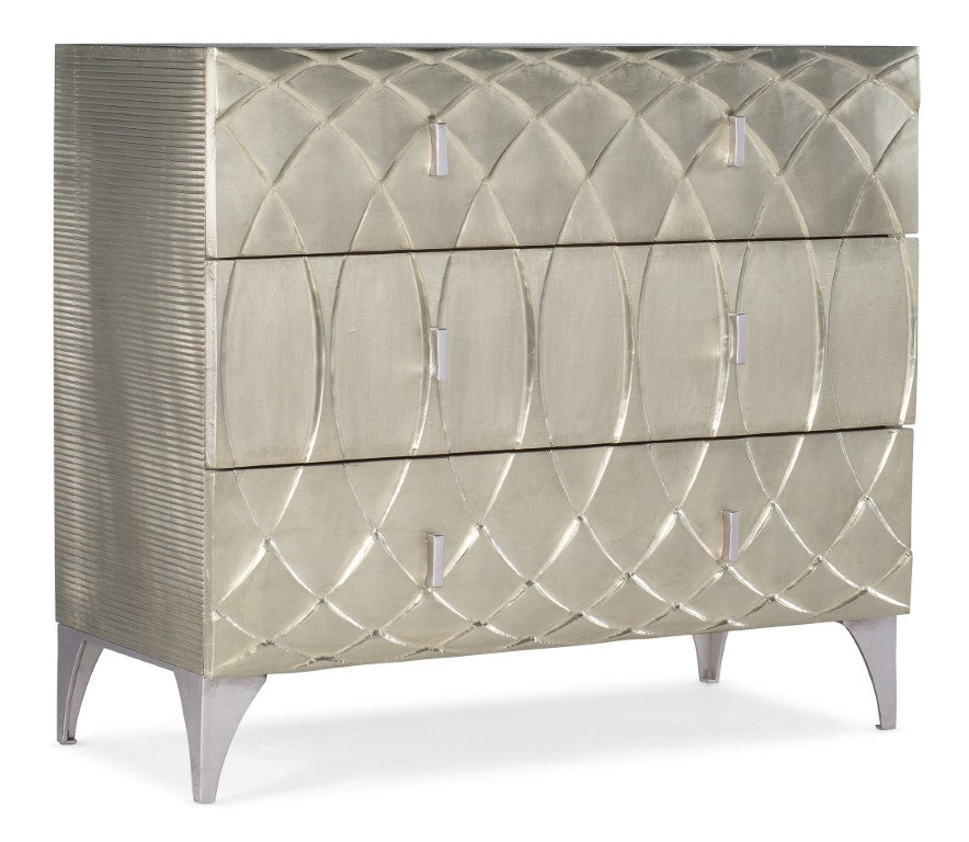 Hooker Furniture Melange Mathilda Three Drawer Chest In German Silver Foil — Solid Mango Wood, Interlocking Ovals Motif, Versatile Storage 628-85644-92