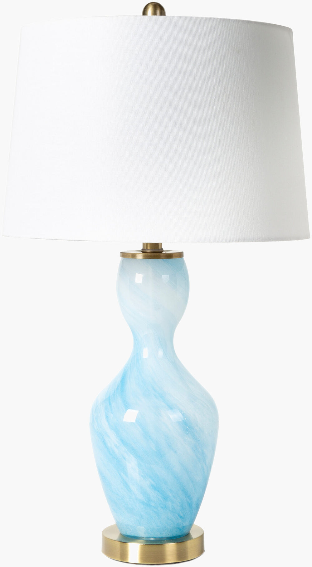 Surya Hobart 27" Chic Accent Table Lamp – Modern Design In Polyester, Glass & Metal For Every Room Body, Blue,Base, Metallic ,Brass,Shade, White,Finial, Metallic ,Brass,Harp, Metallic ,Brass,Cord, Translucent Glass,Iron,Linen,Polyester,Iron Hbt-001