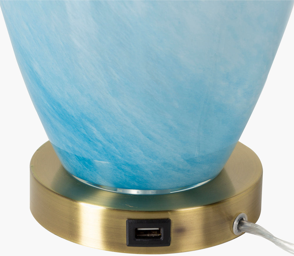 Surya Hobart 27" Chic Accent Table Lamp – Modern Design In Polyester, Glass & Metal For Every Room Body, Blue,Base, Metallic ,Brass,Shade, White,Finial, Metallic ,Brass,Harp, Metallic ,Brass,Cord, Translucent Glass,Iron,Linen,Polyester,Iron Hbt-001