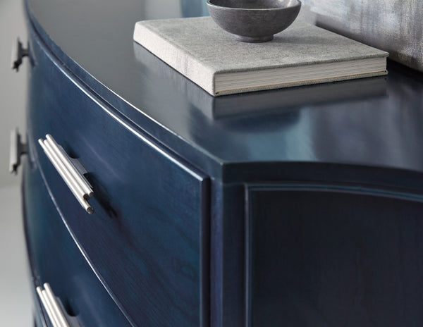 Hooker Furniture Melange Mazarine Credenza With Serpentine Front, Dark-Blue Cherry Veneer, Fluted Legs & Pewter Pulls 628-85152-45