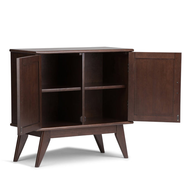 English Elm Draper Mid Century Low Storage Cabinet in Medium Auburn Brown - Solid Rubberwood, Brass Accents, Versatile Stylish Storage B136P158151