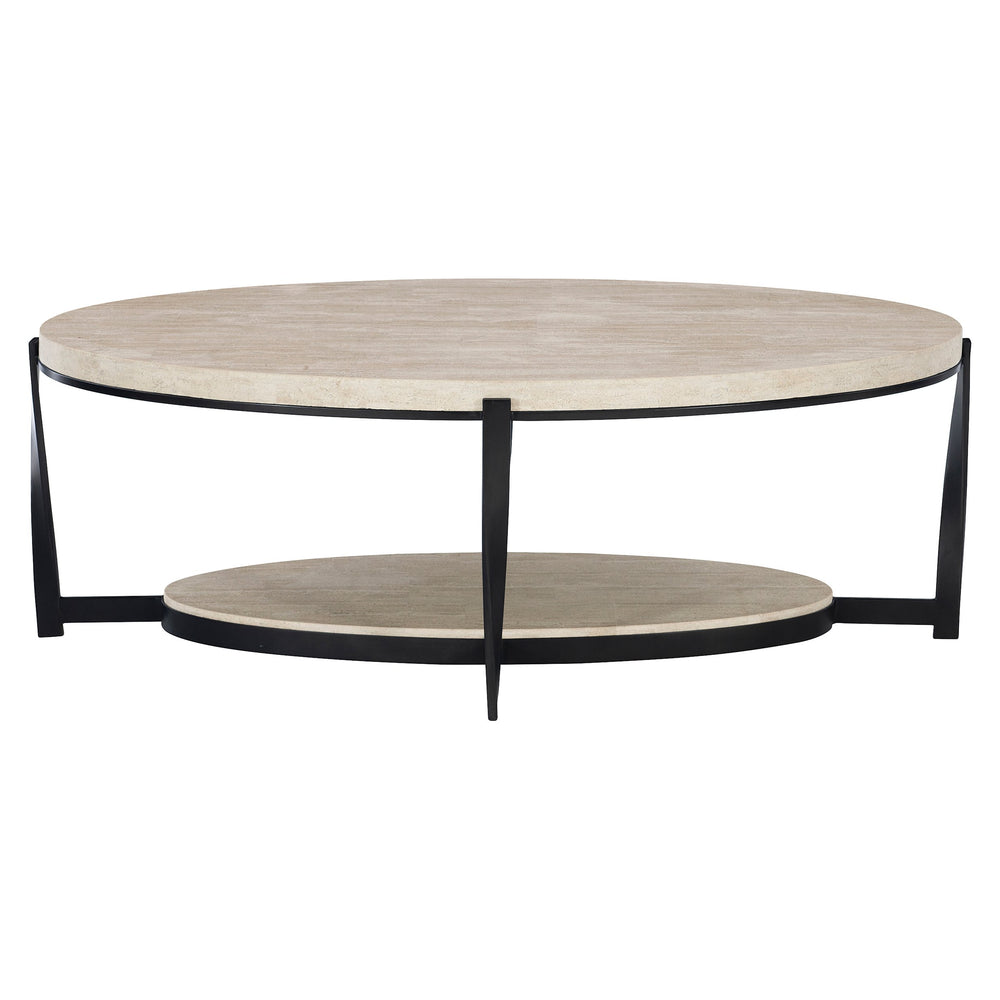 Bernhardt Bernhardt Oval Berkshire Cocktail Table 53" – White Travertine Top, Aged Pewter Twisted Steel Base 405013