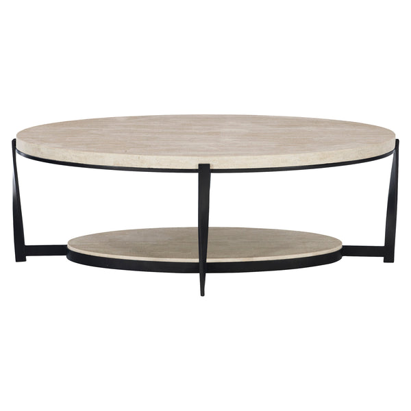 Bernhardt Bernhardt Oval Berkshire Cocktail Table 53" – White Travertine Top, Aged Pewter Twisted Steel Base 405013