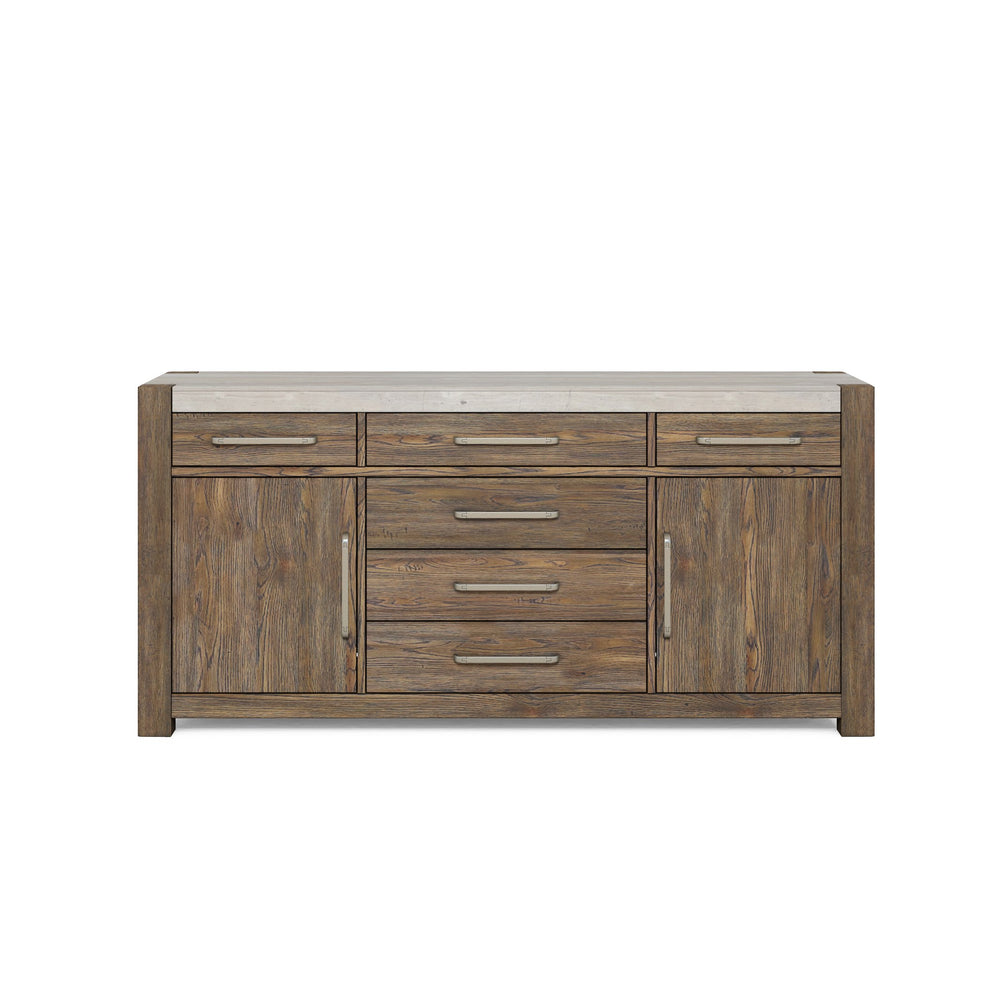 A.R.T. Furniture Stockyard Credenza: Transitional Style With Smoked Finish, Travertine Top, And Ample Storage Solutions Brown Ash Solids,Knotty White Oak Veneers,Travertine 284252-2303