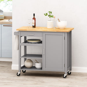 English Elm Christopher Knight Home® - Kitchen Island Cart with Solid Rubberwood Top, 41.75" Mobile Island with Drawer, Cabinet, Shelves & Wheels Grey 67756.00NATGRY