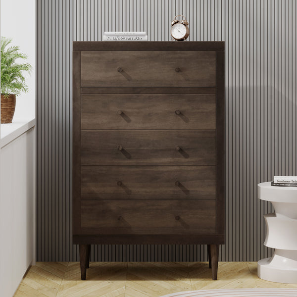 English Elm Christopher Knight Home® - Nordic 5-Drawer Chest – Mid-Century Modern Storage Solution With Warm Walnut Finish & Tapered Legs 71146.00WALN