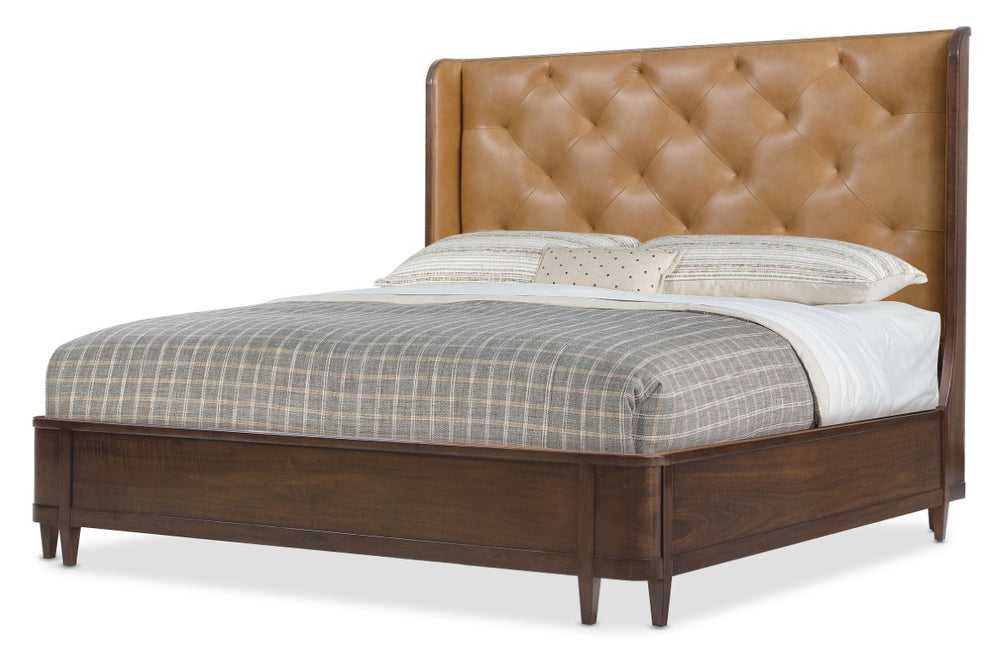 Hooker Furniture Archives Queen Leather Bed With Figured Walnut Veneers, Shelter-Style Design And Tufted Top-Grain Headboard 86.50 L x 80.00W x 64.00H 6123-90866-89