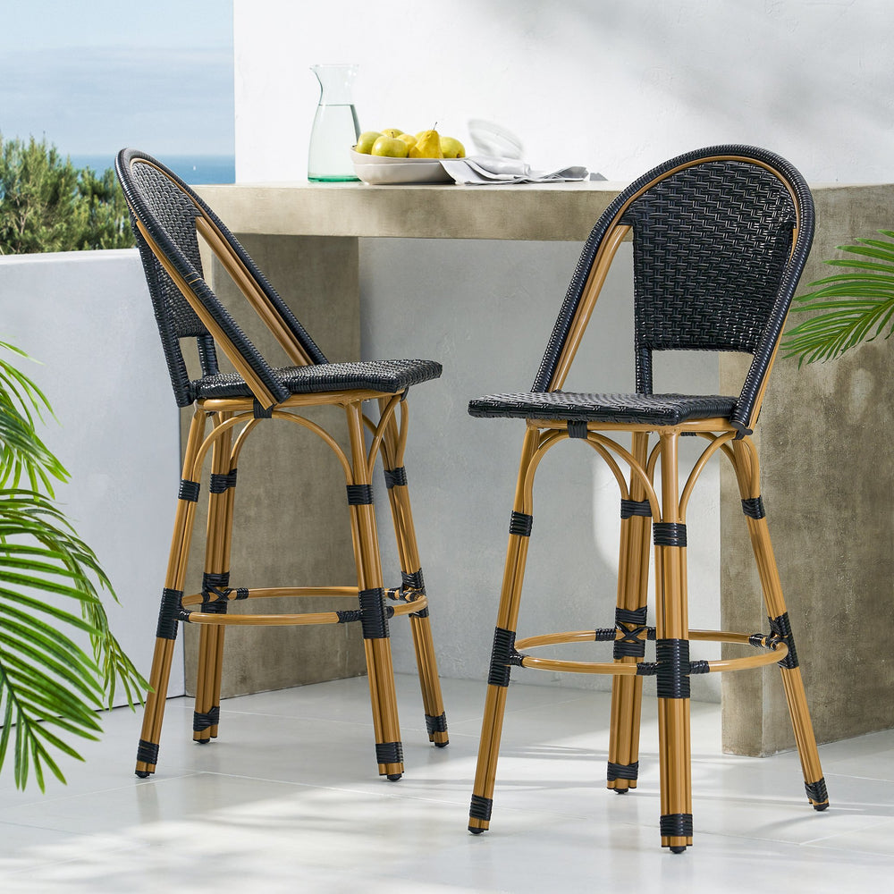 English Elm 29.5" Outdoor Pe Rattan Bistro Barstools Set of 2 Woven Teal French Cafe Style 72606.00BLK