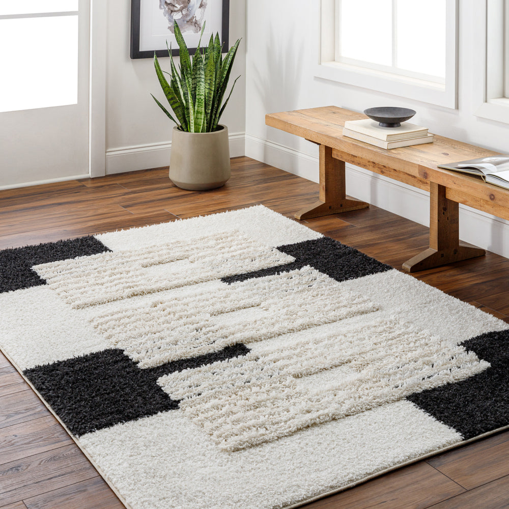 Hudson Shag HDS-2314 9'2" x 12' Machine Woven Rug HDS2314-9212  Cream, Black, Light Gray Surya