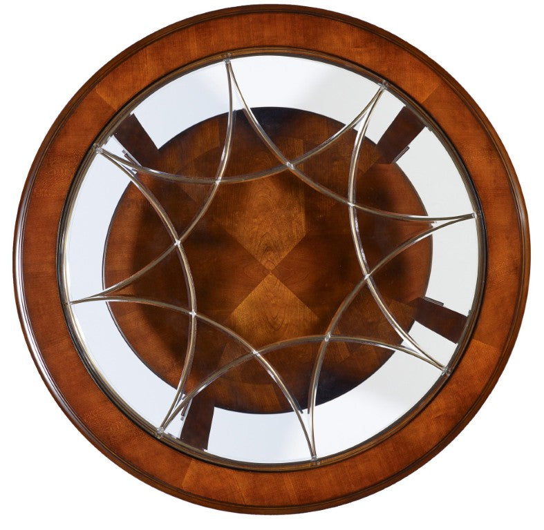 Hooker Furniture Brookhaven Distressed Cherry Round Cocktail Table With Brass Starburst Inlay, Glass Top & Shelf 281-80-111