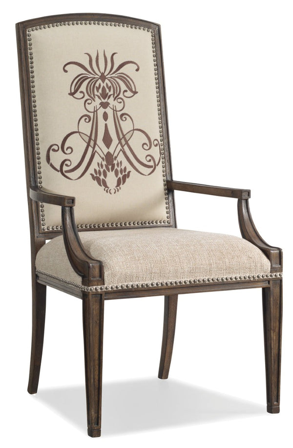 Hooker Furniture Rhapsody Insignia Arm Chair — Walnut Reclaimed Finish, Embroidered Backrest, Aurora Ecru Upholstery, Versatile Elegance 5070-75400