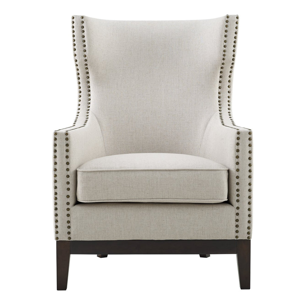 English Elm Steve Silver - Roswell Linen Wingback Chair in Pearl Beige Linen with Oak Legs, Scalloped Back & Brass Nailhead Trim B081P157472