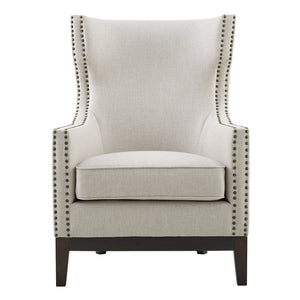 English Elm Steve Silver - Roswell Linen Wingback Chair in Pearl Beige Linen with Oak Legs, Scalloped Back & Brass Nailhead Trim B081P157472