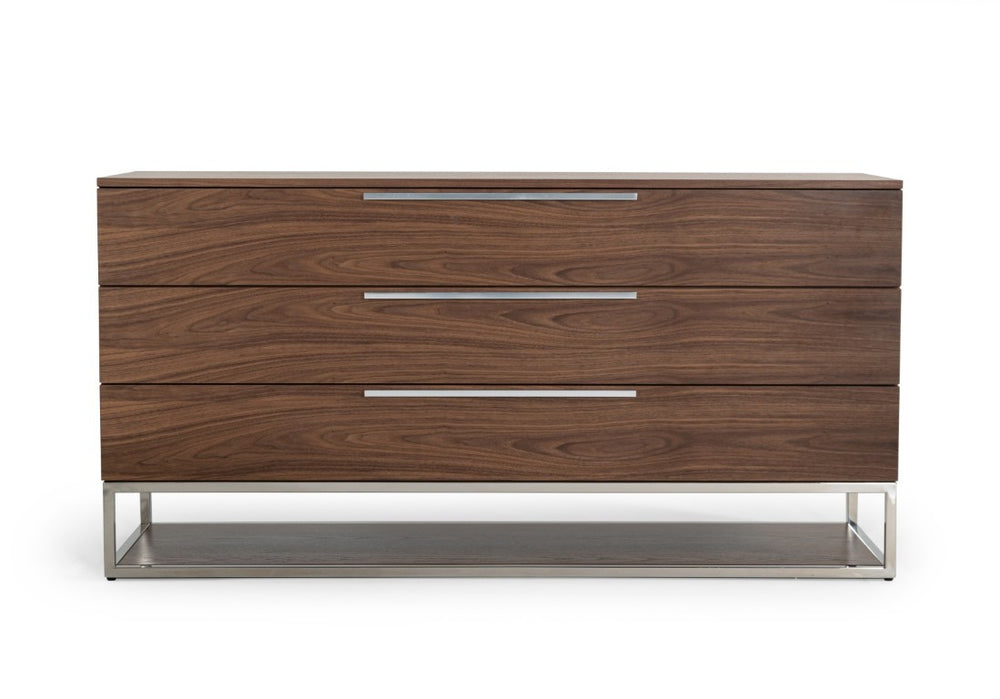 VIG Furniture Heloise Walnut Dresser With Stainless Steel Legs & Handles, 58¼"W X 18"D X 29"H — No Assembly, Organized Drawers VGBBMC1502-DRS