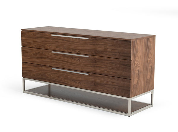 VIG Furniture Heloise Walnut Dresser With Stainless Steel Legs & Handles, 58¼"W X 18"D X 29"H — No Assembly, Organized Drawers VGBBMC1502-DRS