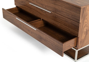 VIG Furniture Heloise Walnut Dresser With Stainless Steel Legs & Handles, 58¼"W X 18"D X 29"H — No Assembly, Organized Drawers VGBBMC1502-DRS