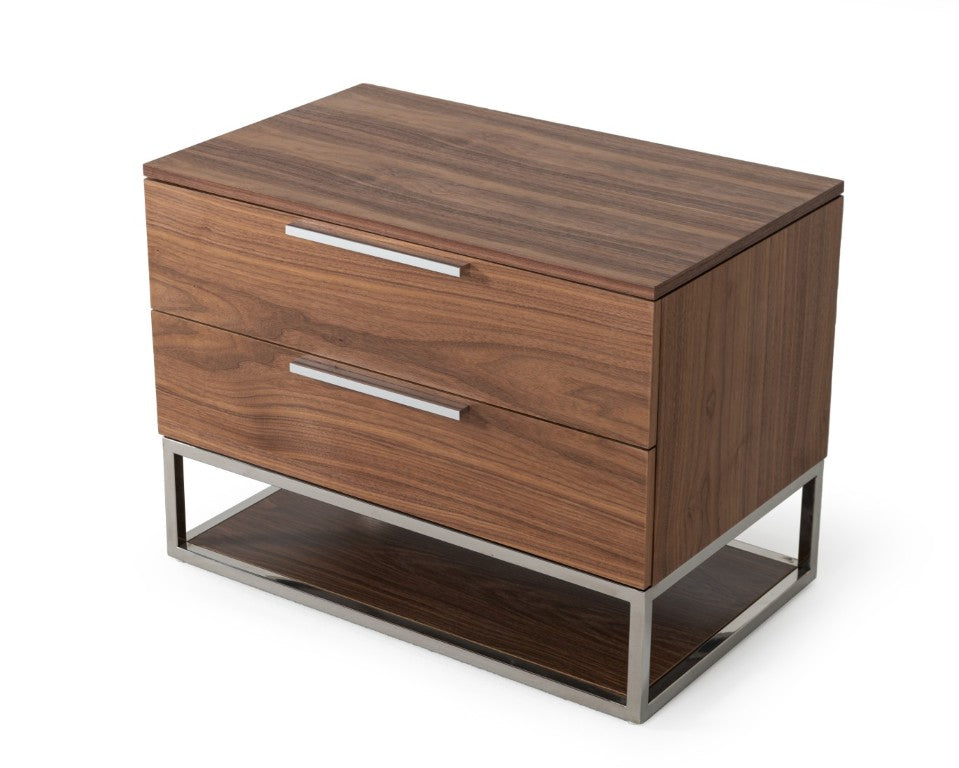 VIG Furniture Heloise Walnut Nightstand With Stainless Steel Frame & 2 Soft-Glide Drawers, Compact Modern Design VGBBMB1502-NS