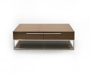 VIG Furniture Heloise Walnut Coffee Table With Soft-Close Drawers & Brushed Stainless Legs, Mid-Century Modern Chic VGBB-MK1502-CT
