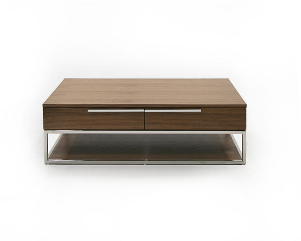 VIG Furniture Heloise Walnut Coffee Table With Soft-Close Drawers & Brushed Stainless Legs, Mid-Century Modern Chic VGBB-MK1502-CT