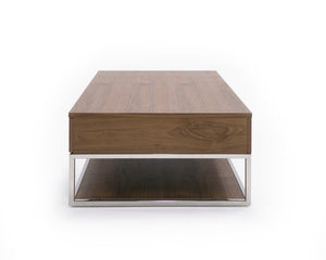 VIG Furniture Heloise Walnut Coffee Table With Soft-Close Drawers & Brushed Stainless Legs, Mid-Century Modern Chic VGBB-MK1502-CT