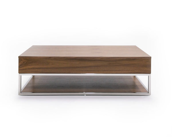VIG Furniture Heloise Walnut Coffee Table With Soft-Close Drawers & Brushed Stainless Legs, Mid-Century Modern Chic VGBB-MK1502-CT